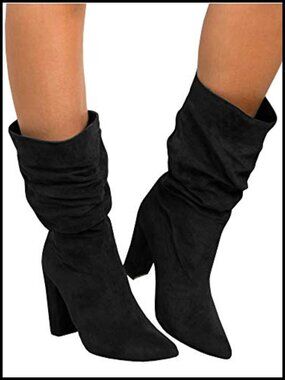 Womens Slouchy Mid Calf High Heel Boots Chunky Block Pointed Toe Suede Slip On
